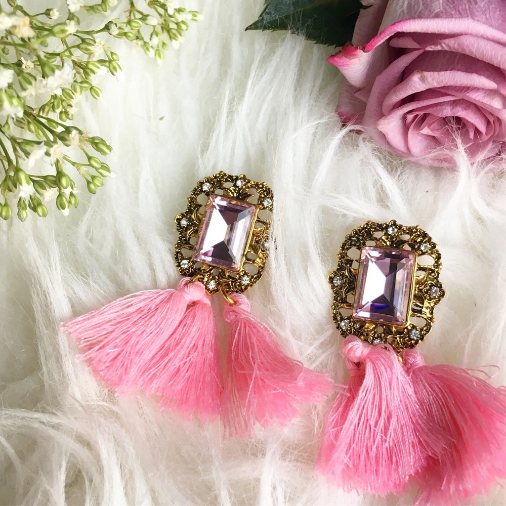 Pink tassel stud earrings