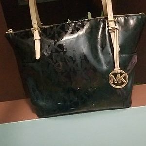 Michael Kors black paten leather jet set tote