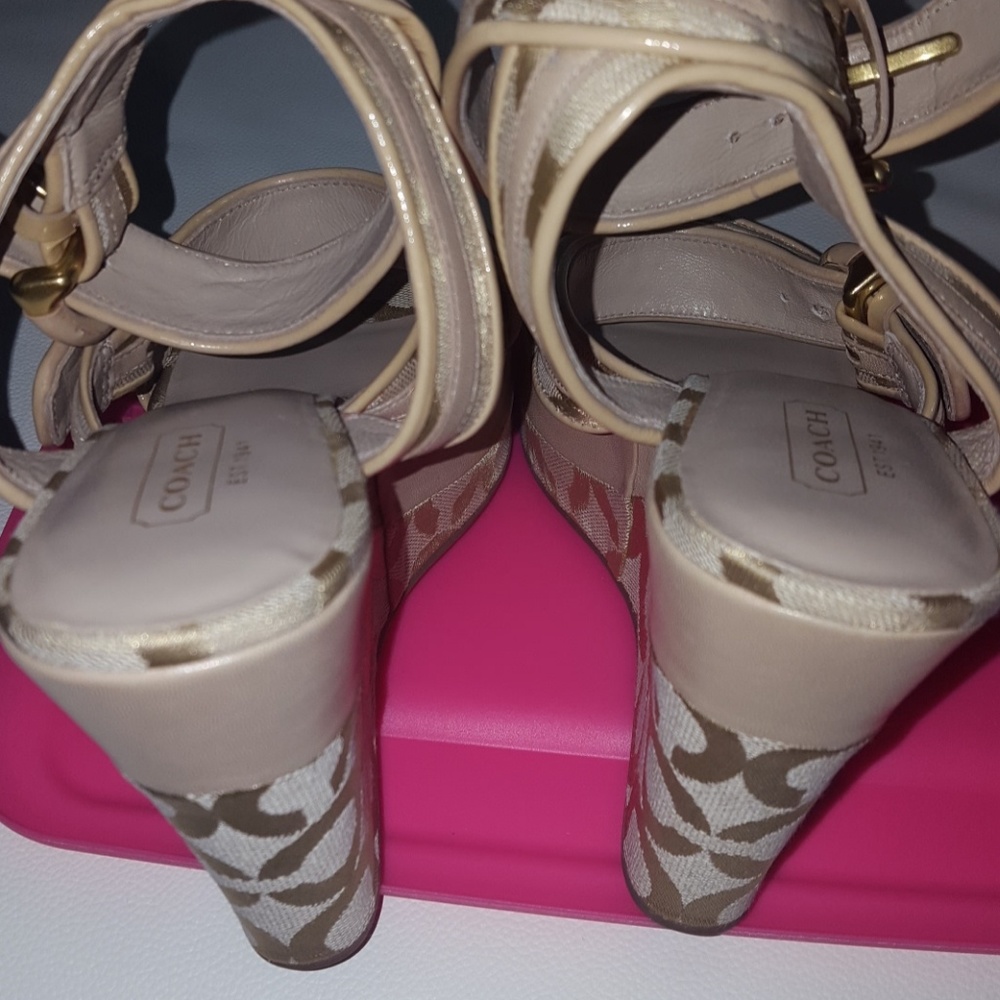 Coach Nude/Beige High Heel Signature Sandal Wedges