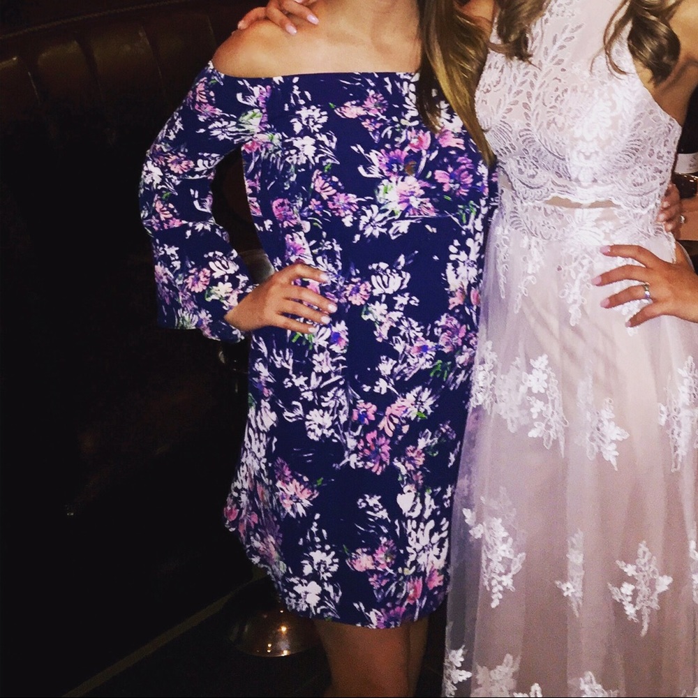 Blue floral off the shoulder long sleeve dress