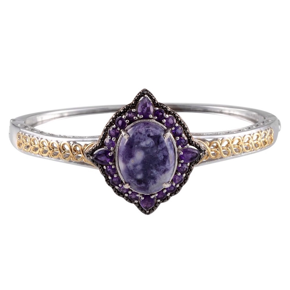 Purple Opal, amethyst, blk diamond 14kYG/SS bangle