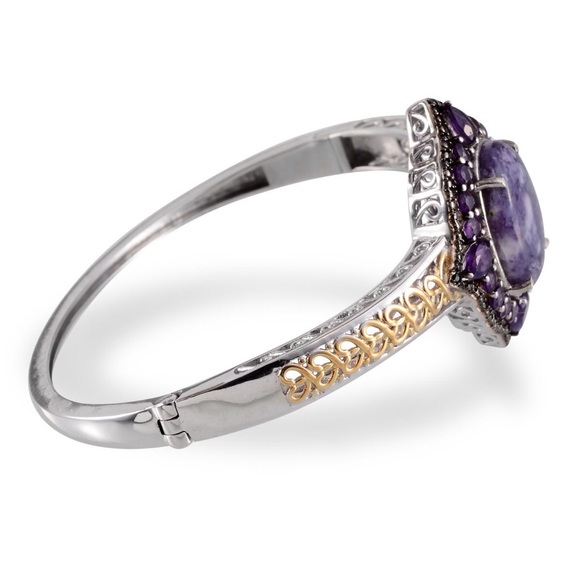 Purple Opal, amethyst, blk diamond 14kYG/SS bangle - Picture 2 of 4