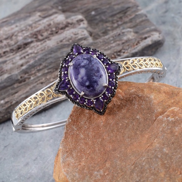 Purple Opal, amethyst, blk diamond 14kYG/SS bangle - Picture 3 of 4