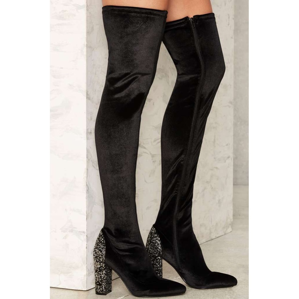 Nasty Gal Flicker Thigh High velvet boots!