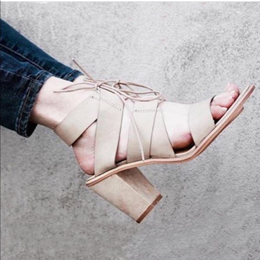 Natural Lace Up Gladiator Block Heel Sandals