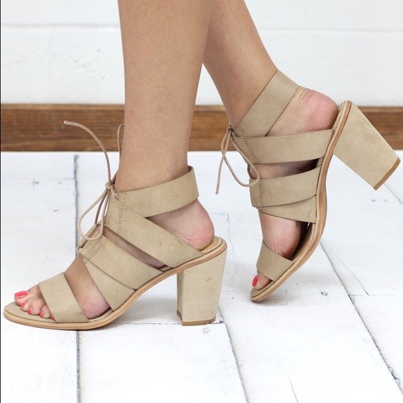 Natural Lace Up Gladiator Block Heel Sandals - Picture 4 of 6