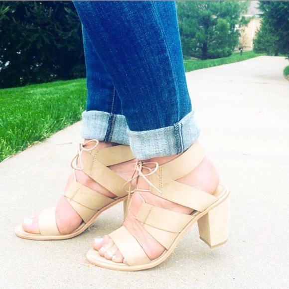 Natural Lace Up Gladiator Block Heel Sandals - Picture 2 of 6