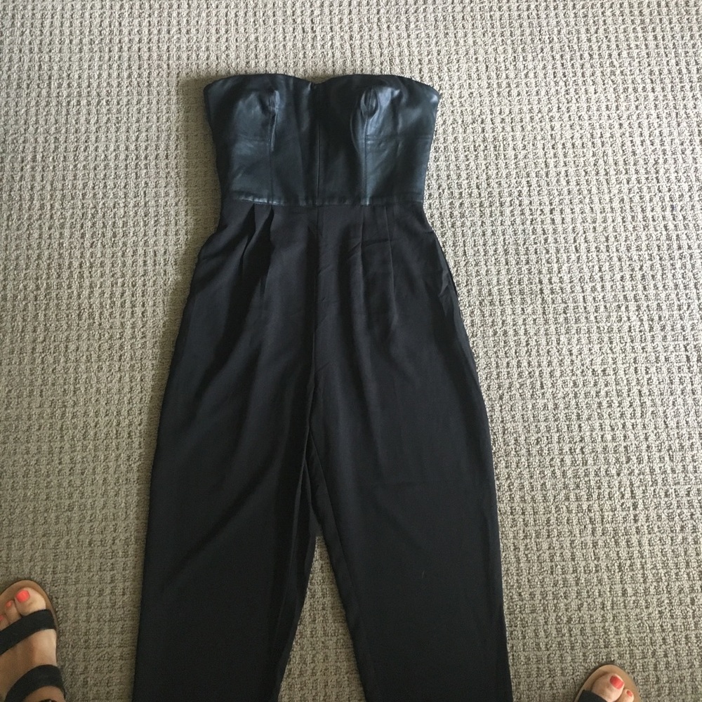Leather strapless jumpsuit crepe tapered pant leg