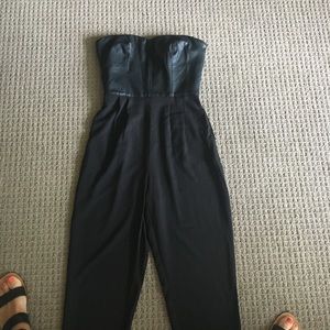 Leather strapless jumpsuit crepe tapered pant leg