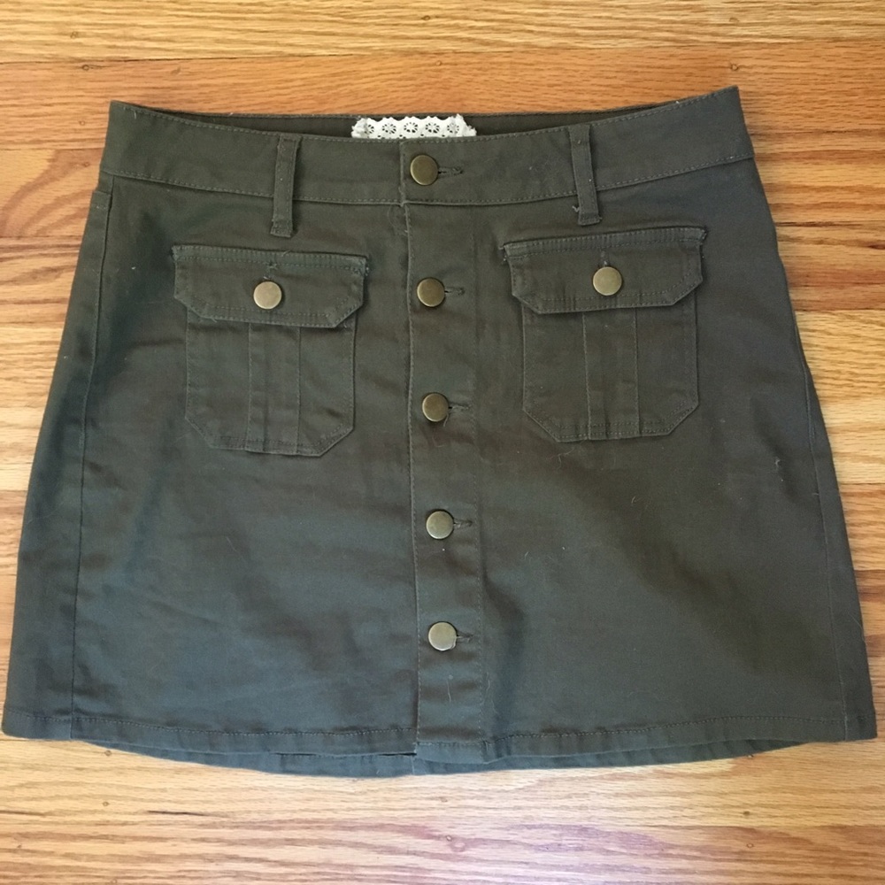 Army green button up skirt
