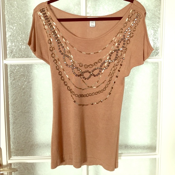 XS - CACHE Gold Beaded Top With Open Shoulders - Picture 1 of 6