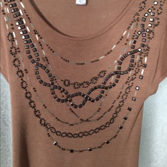 XS - CACHE Gold Beaded Top With Open Shoulders - Picture 3 of 6