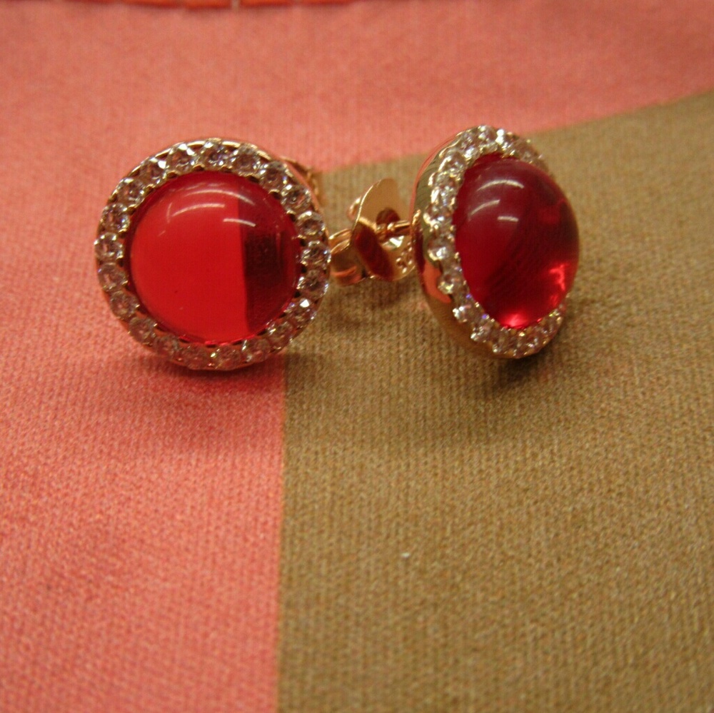 Red round stud rose gold plated earrings
