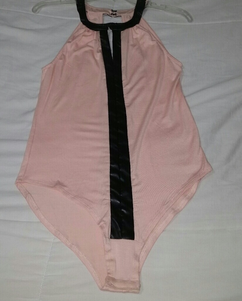 Pink Leather Trim Bodysuit. Size Large
