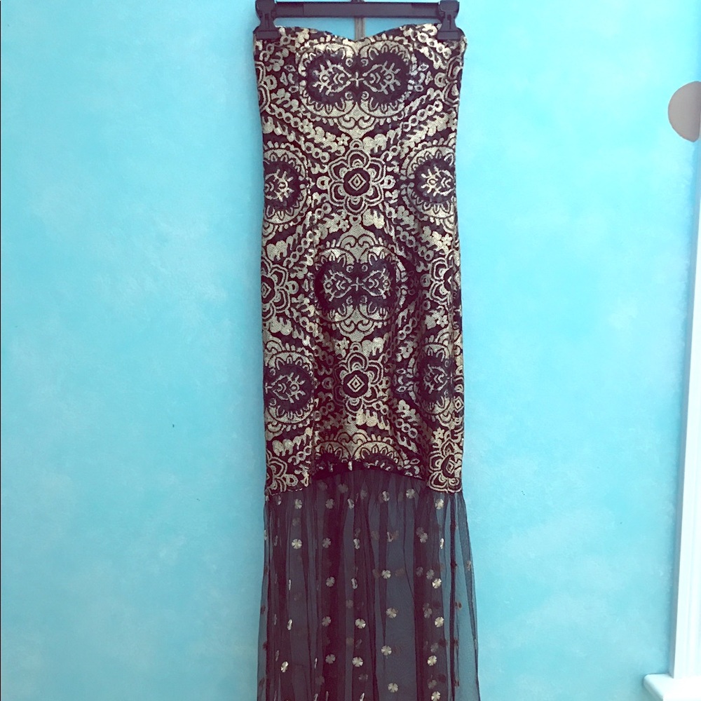 Long black and gold sequined maxi/ball/prom dress