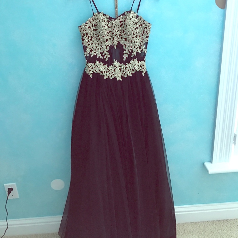 Black and gold embroidered corset prom dress