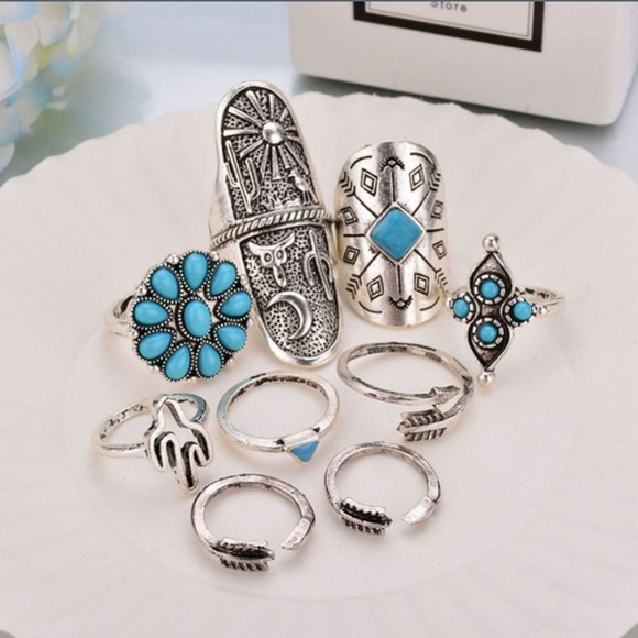 9-Piece Silver Vintage Midi Ring Set - Picture 2 of 3