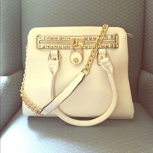 Large White Purse with Gold Chains, Studs and Lock