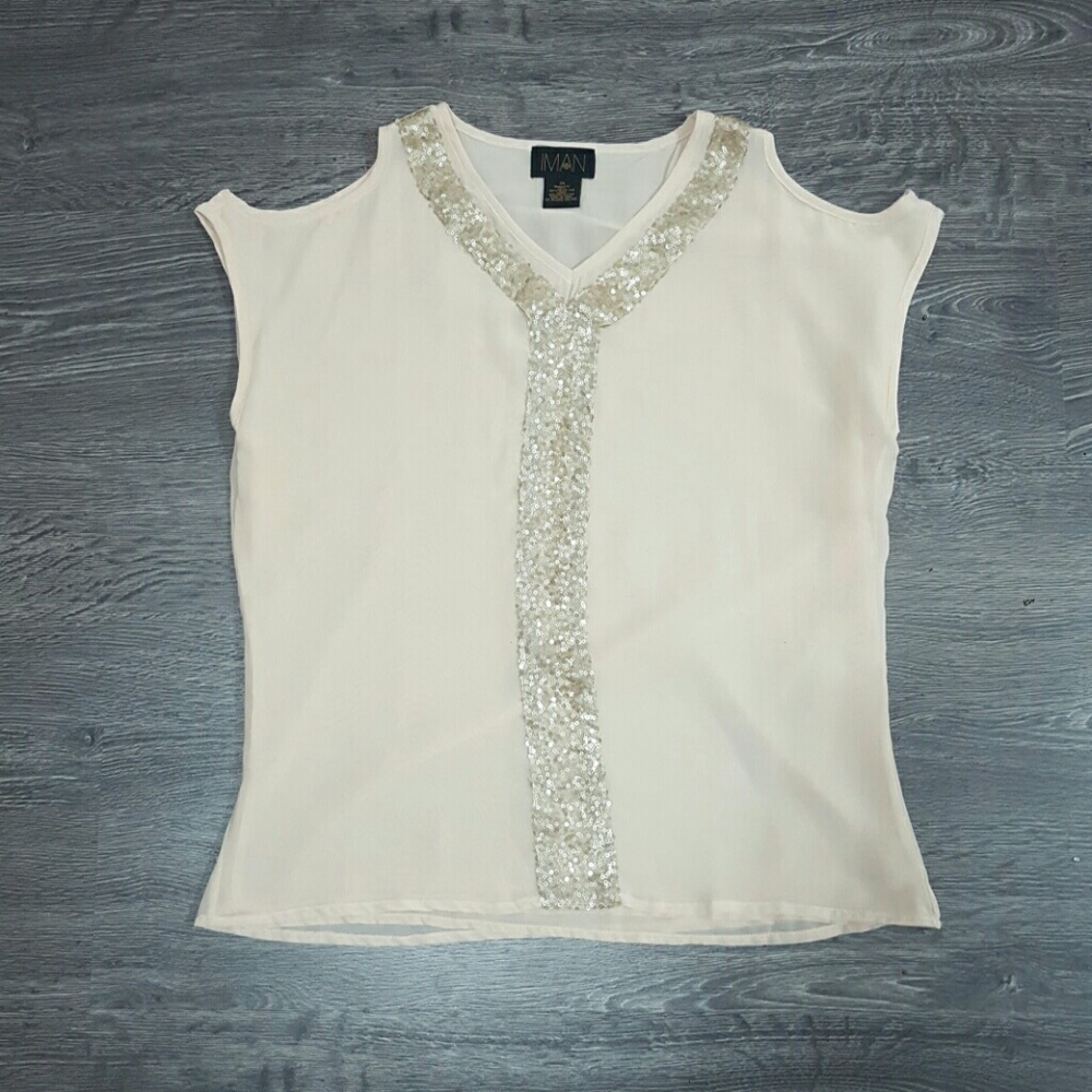 Creme Cold Shoulder Sequin Top Sz Xs