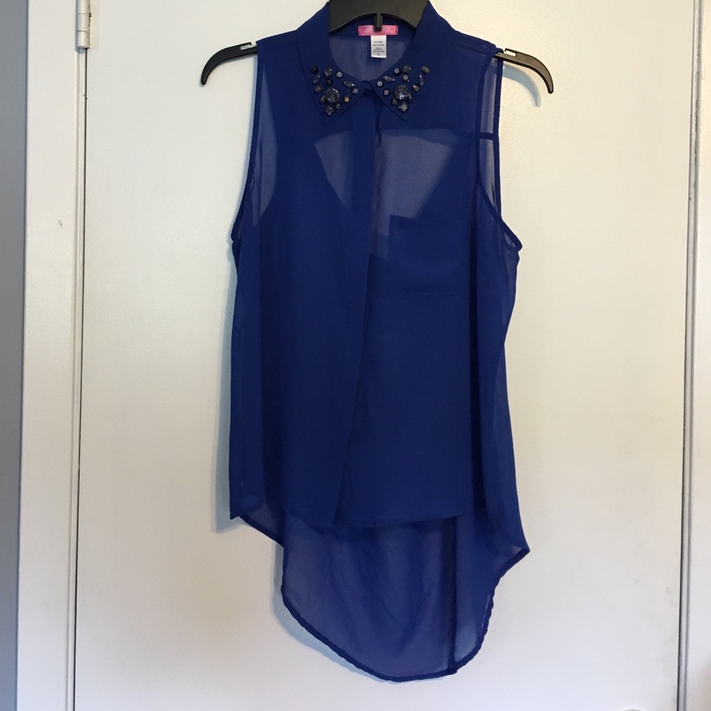 Blue high-low Button up shirt with studded collar