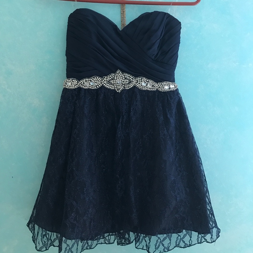 Dark blue strapless party dress