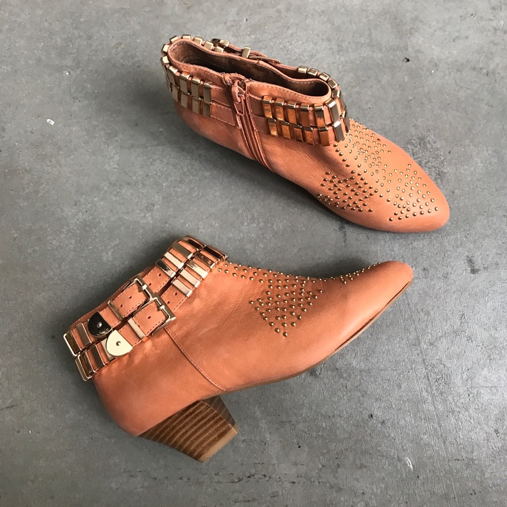 Jeffrey Campbell Ibiza booties in gold and coral