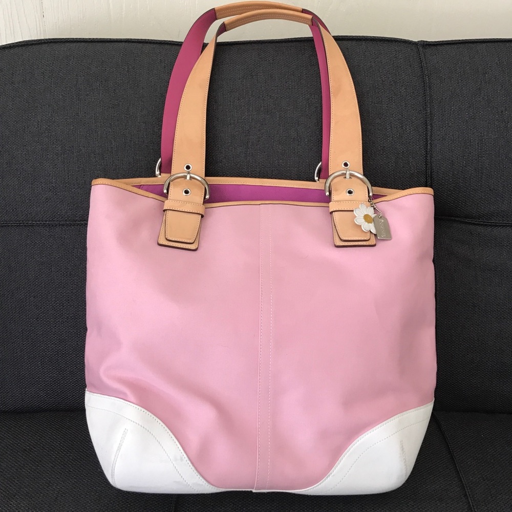 Coach Pink Canvas/White Leather Trim Handbag 4427