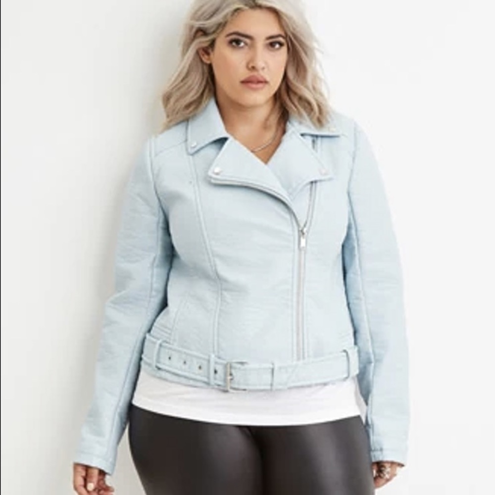 Baby Blue Faux Leather Moto Jacket
