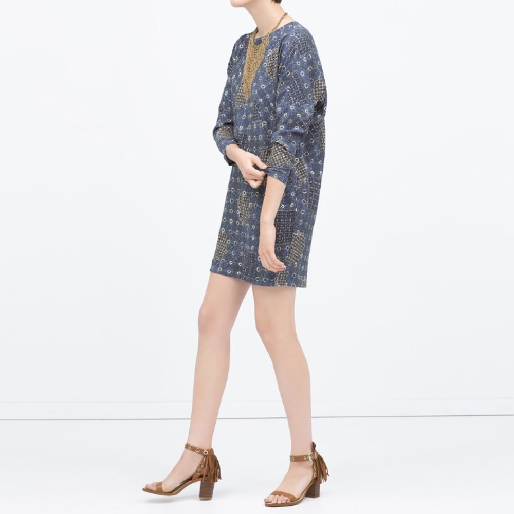 Zara Blue Patchwork Dress with Batwing Sleeve S