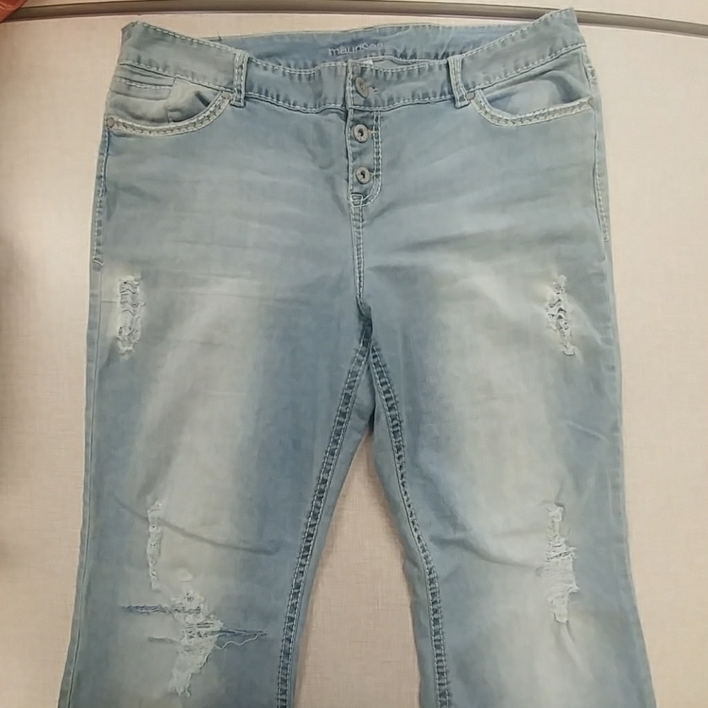 Destressed flare leg jeans