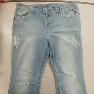 Destressed flare leg jeans