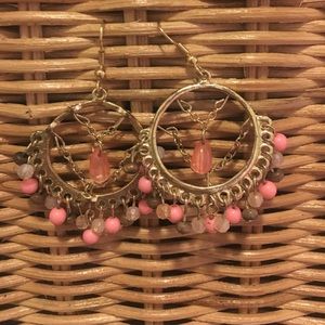 Pink brown and gold statement chandelier earrings