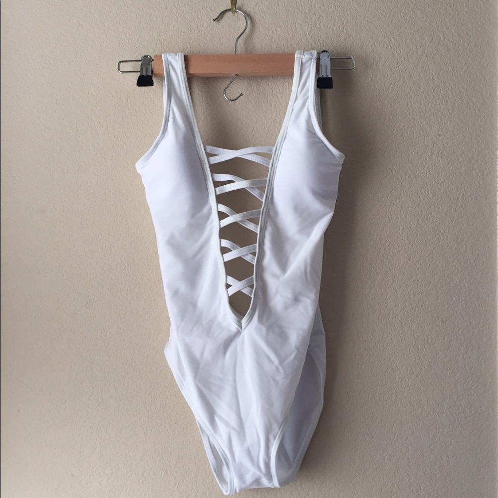 White Body Suit Backless Crisscross Front