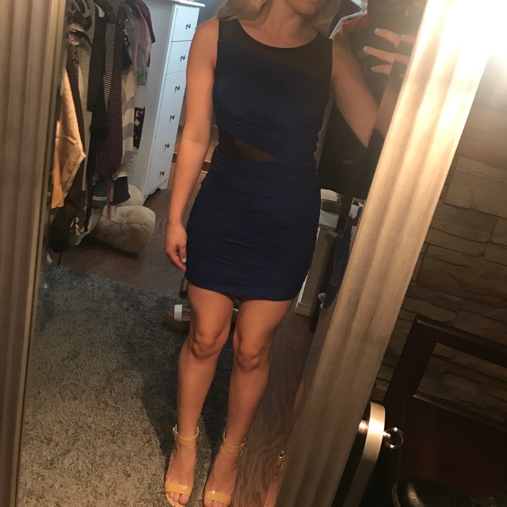 Blue Mini Dress with Mesh Cutouts - Picture 2 of 5