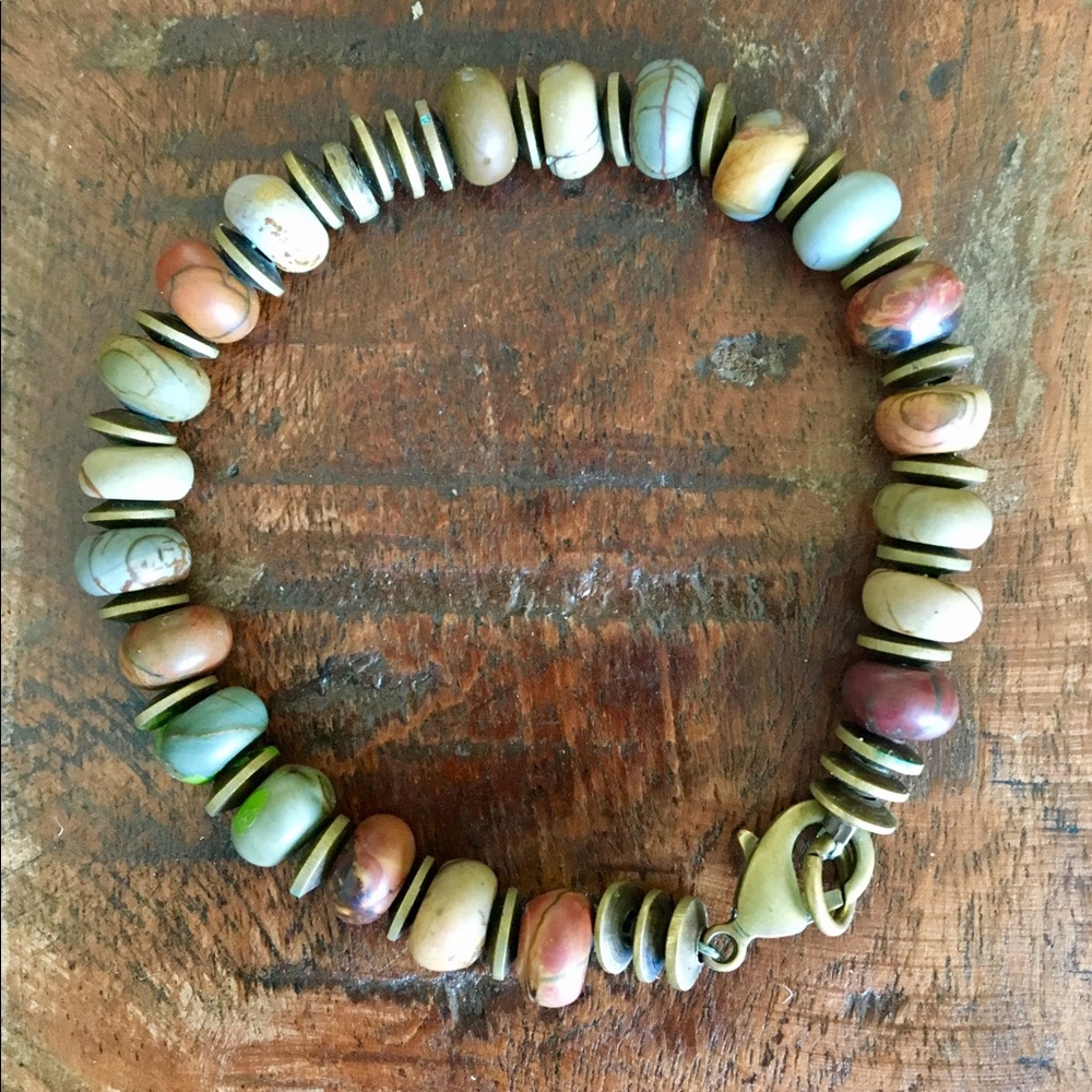 Woman's Earthy Beaded & Brass Metal Bracelet