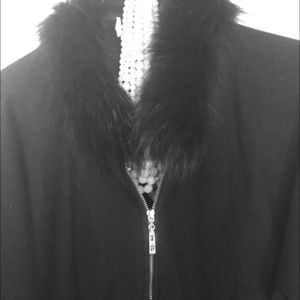 Navy blue with blue fur collar cape.Very stylish!!