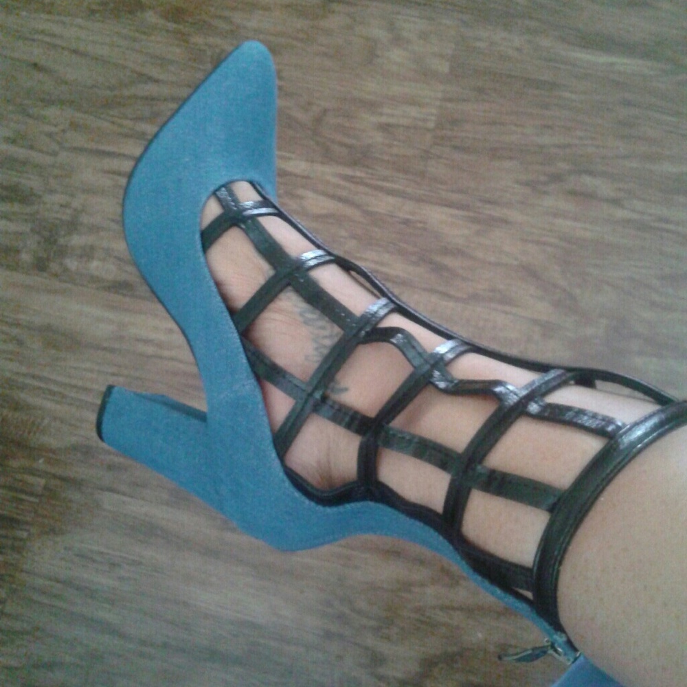 Denim caged bootie