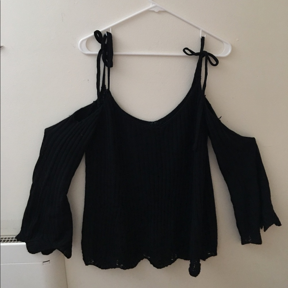 off the shoulder tied black sweater
