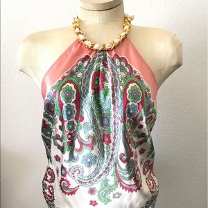 Guess printed Paisley gold chain halter top Sz L