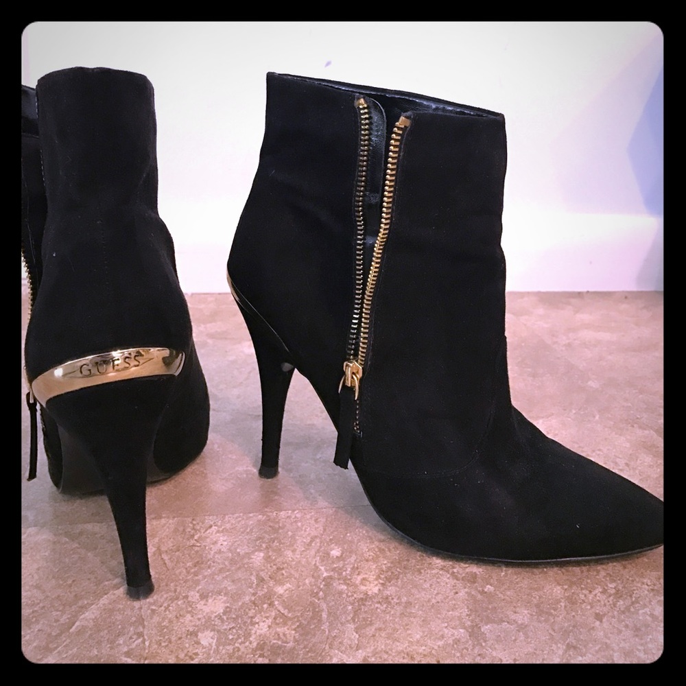 GUESS high heel suede booties with gold accents