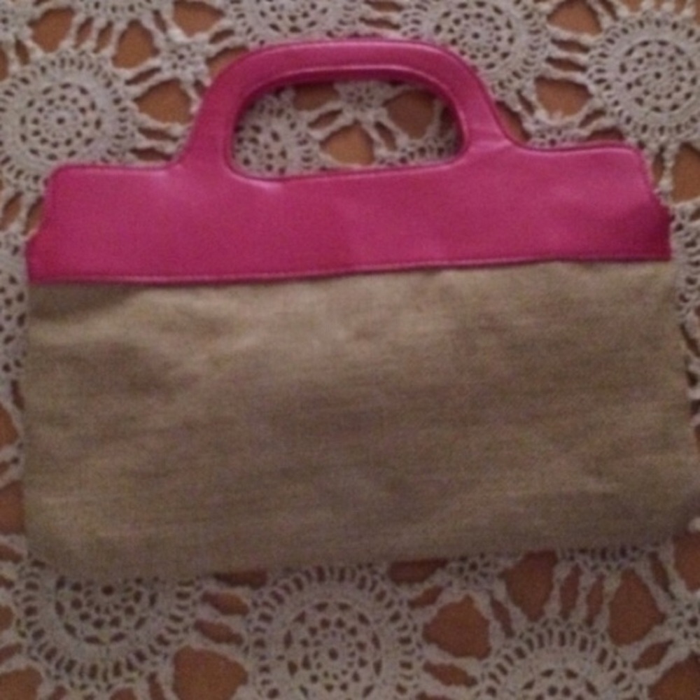 Burlap/linen and pink faux leather clutch