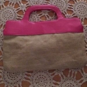 Burlap/linen and pink faux leather clutch