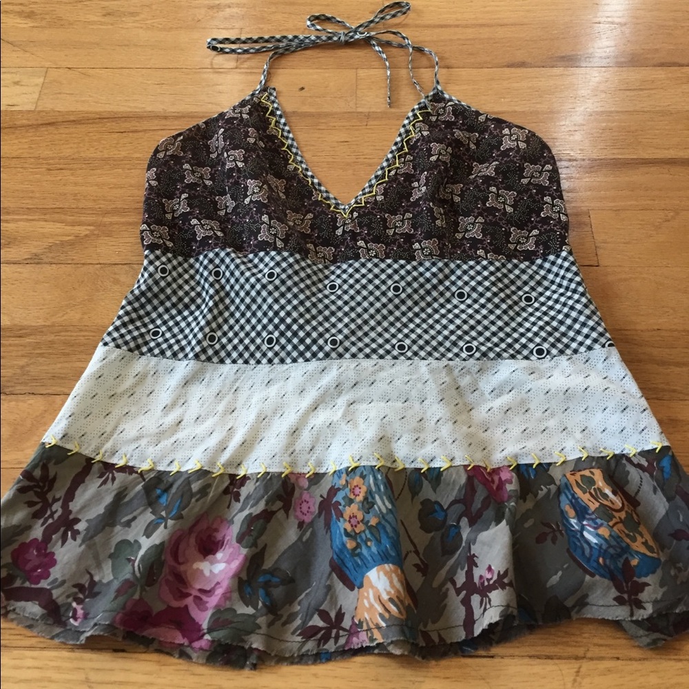 Free People 100% Cotton Mixed pattern halter w/yellow embroidery/side zip