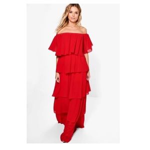 Off the Shoulder Ruffled Maxi Dress (Red)