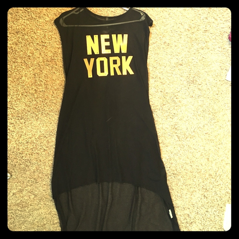 NEW YORK in gold metallic sheer High low