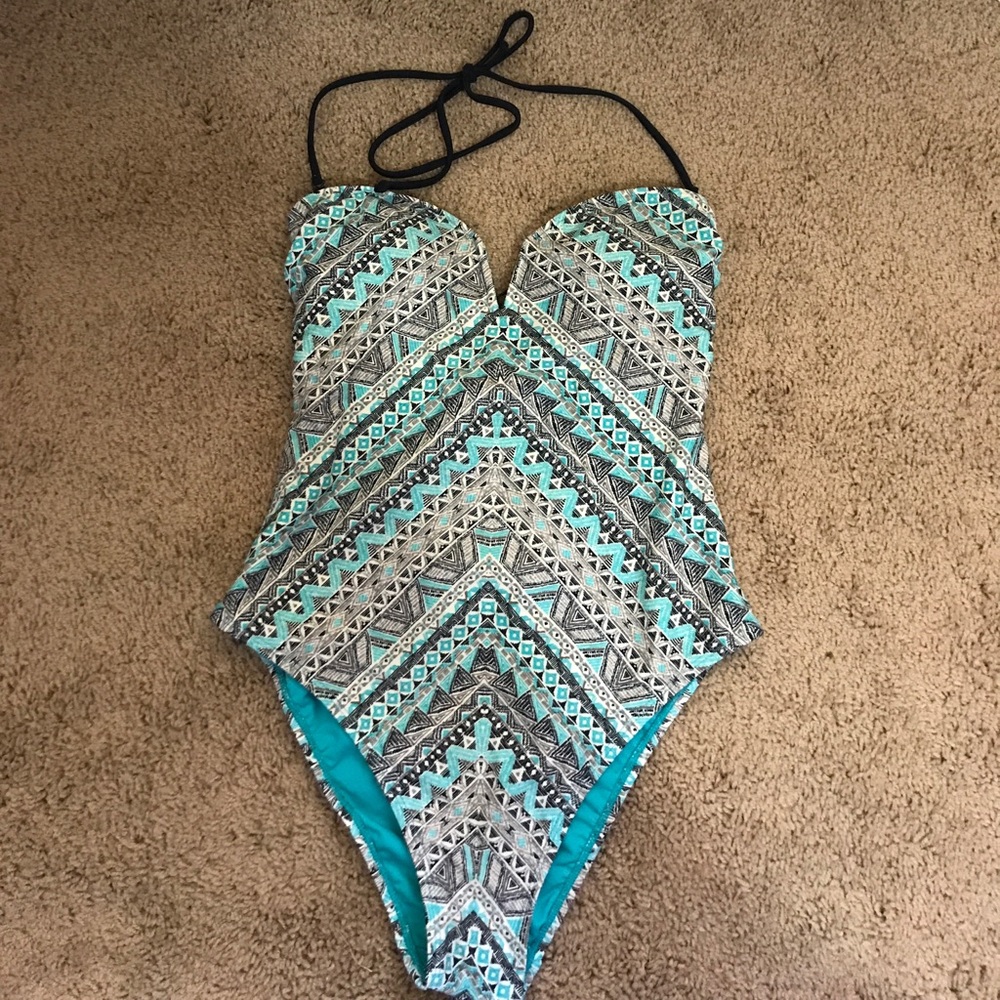 Tribal print lace up back one piece