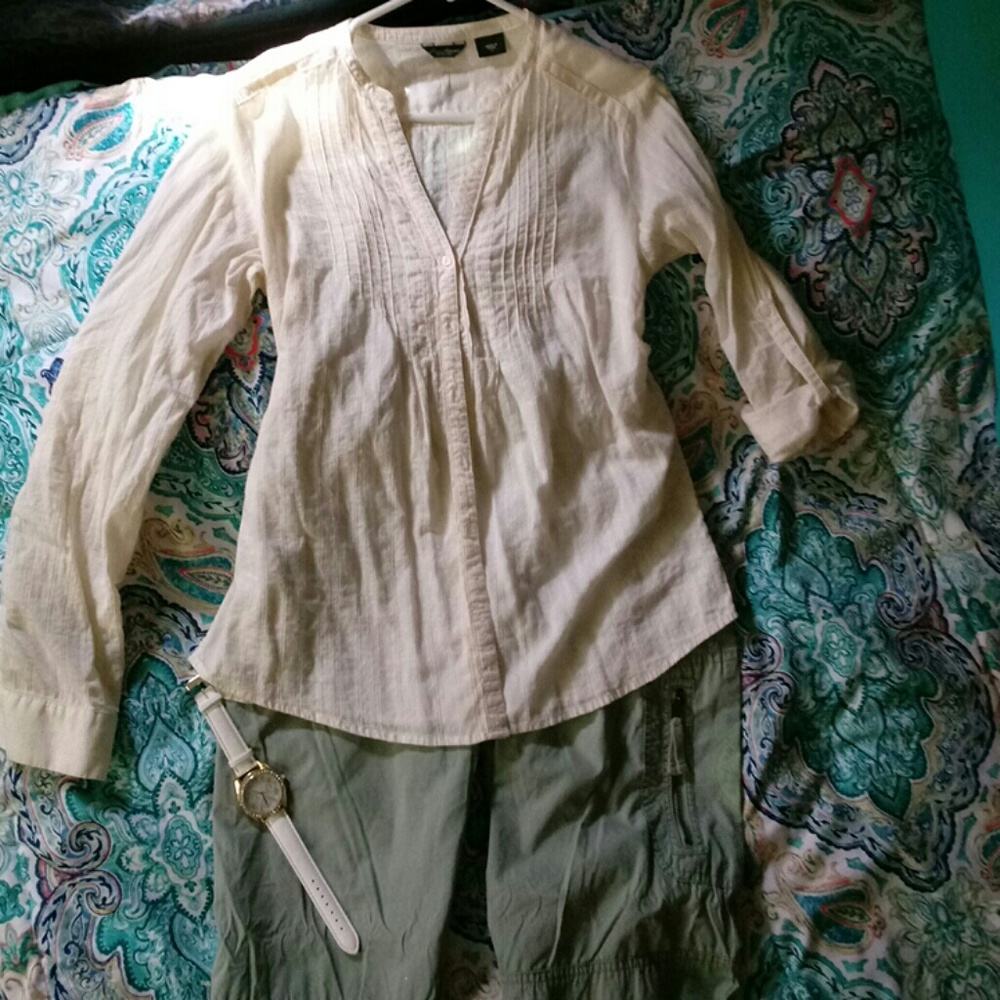 Small, semi-sheer cream short/ long sleeve shirt