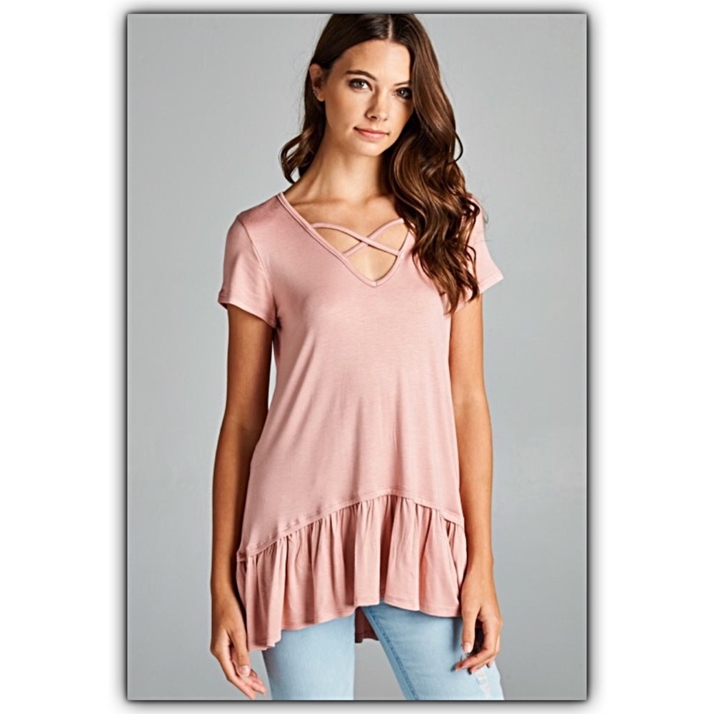 Dusty Rose Blush Criss Cross Ruffle Tunic Top SM - Picture 4 of 5