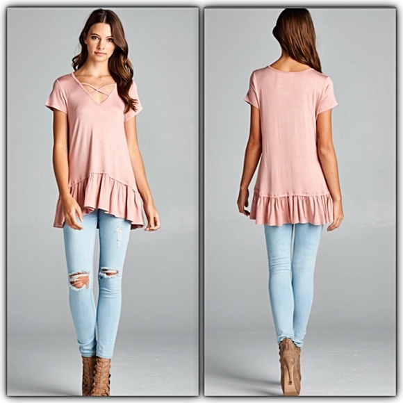 Dusty Rose Blush Criss Cross Ruffle Tunic Top SM - Picture 2 of 5