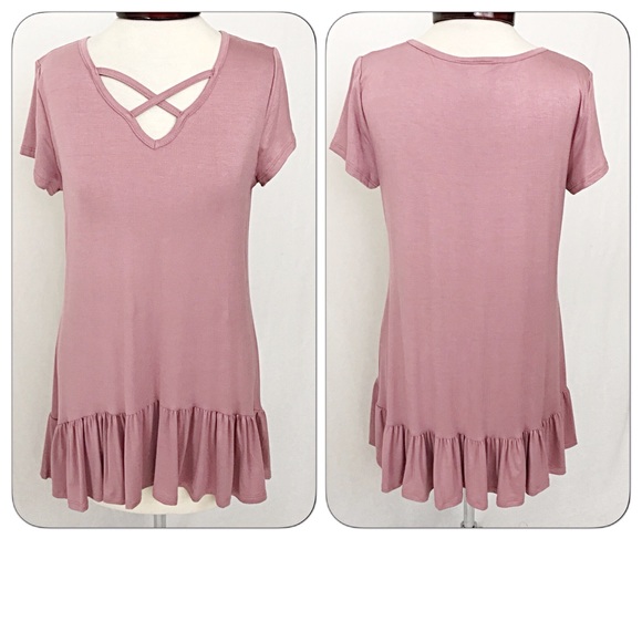 Dusty Rose Blush Criss Cross Ruffle Tunic Top SM - Picture 3 of 5